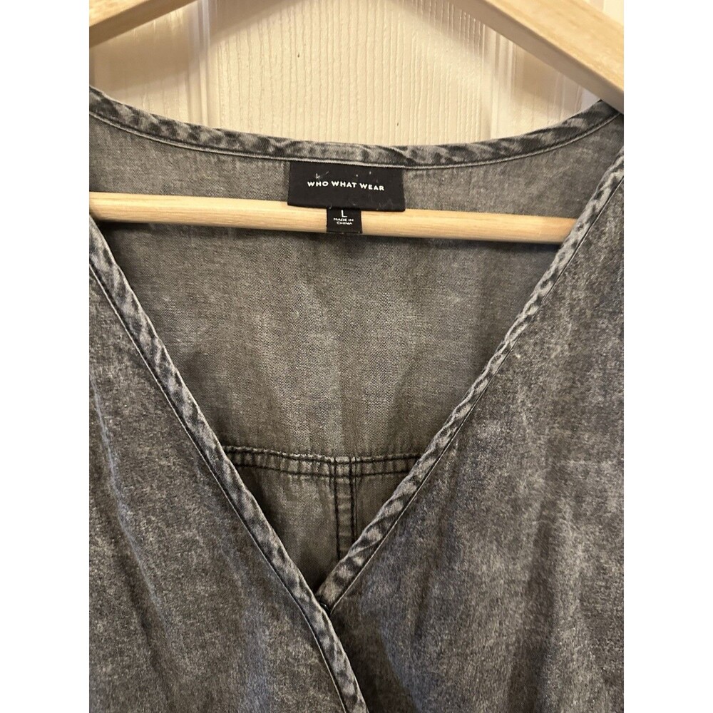 WHO WHAT WEAR 100% Cotton Faded Black Denim Dress Size L Cottage Scandi EUC‎ - Picture 2 of 9
